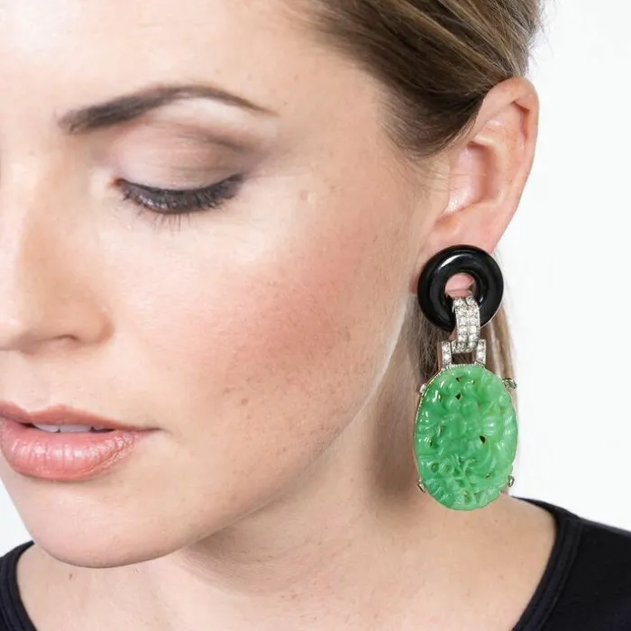 Kenneth Jay Lane Light Color Earrings Women Carved Jade Drop Deco Clip Earrings Kenneth Jay Lane Light Color Earrings Women Carved Jade Drop Deco Clip Earrings