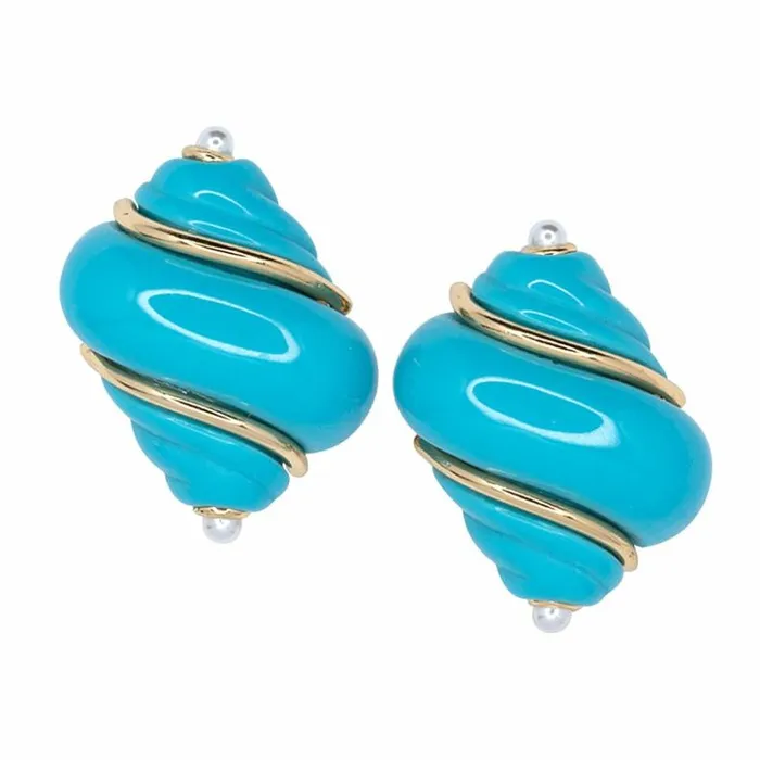 Kenneth Jay Lane Light Color Earrings Women Gold Turquoise and Pearl Tip Shell Clip Earrings Kenneth Jay Lane Light Color Earrings Women Gold Turquoise and Pearl Tip Shell Clip Earrings