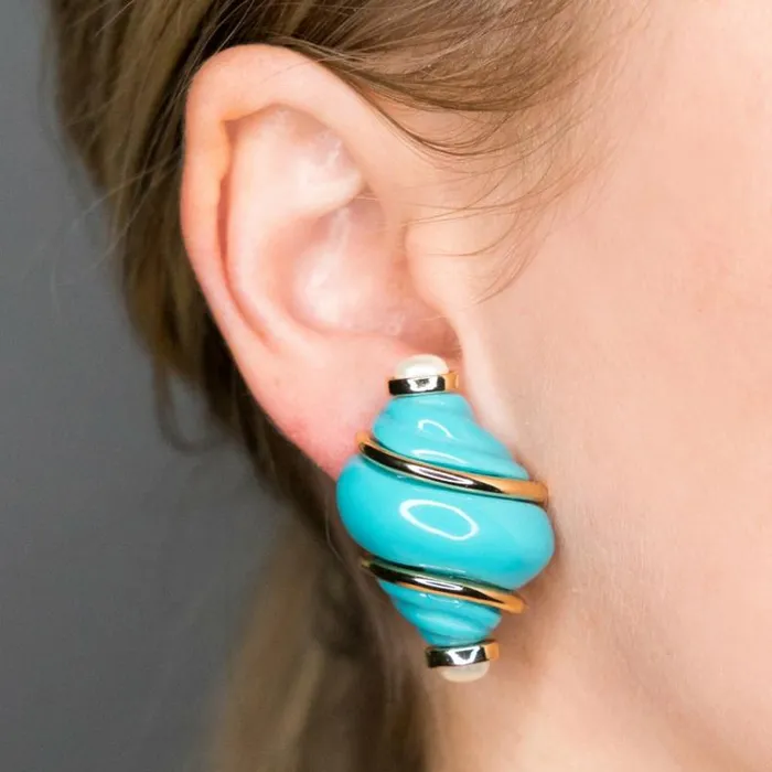 Kenneth Jay Lane Light Color Earrings Women Gold Turquoise and Pearl Tip Shell Clip Earrings