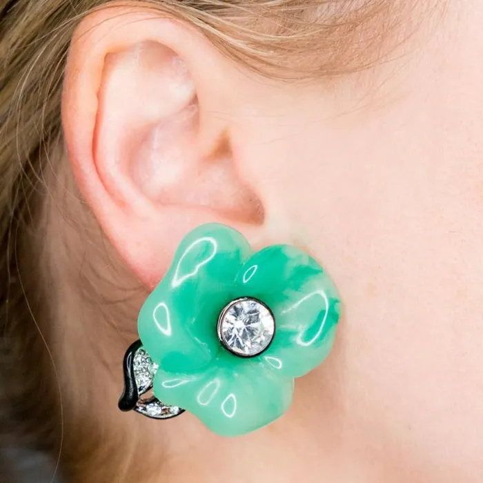 Kenneth Jay Lane Light Color Earrings Women Jade Flower Clip Earrings