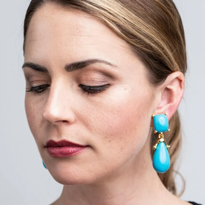 Kenneth Jay Lane Light Color Earrings Women Turquoise Square Top Drop Clip Earrings