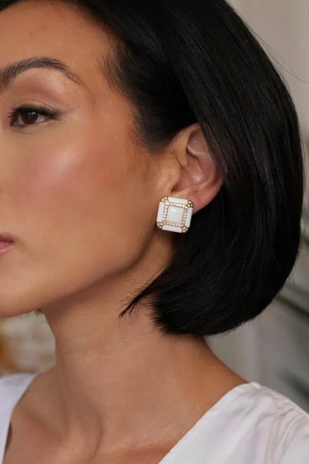 Kenneth Jay Lane Light Color Earrings Women White Square Clip Earrings Kenneth Jay Lane Light Color Earrings Women White Square Clip Earrings