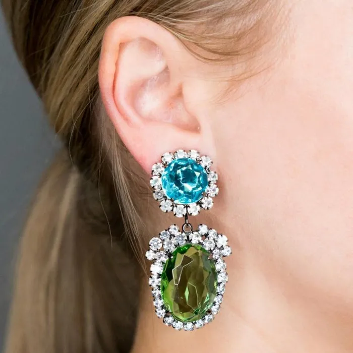 Kenneth Jay Lane Light Color Gem Earrings Women Aqua And Peridot Drop Clip Earrings