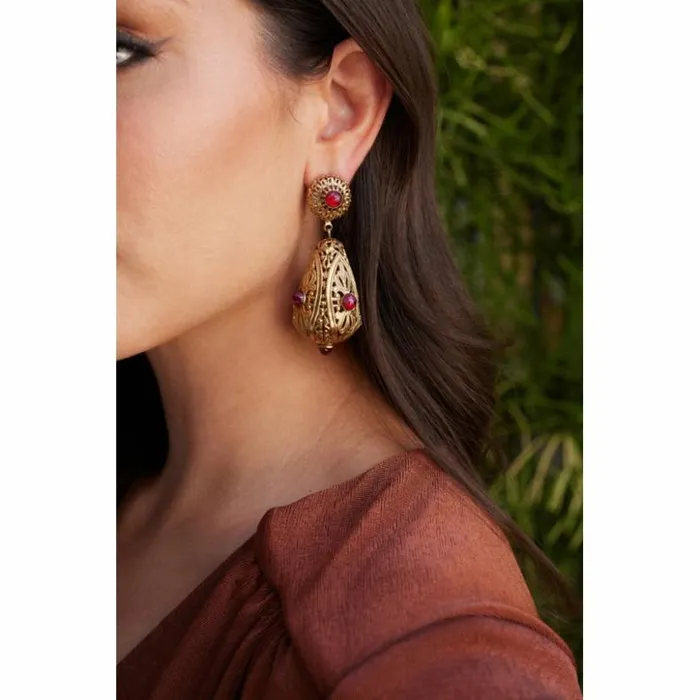 Kenneth Jay Lane Light Color Gem Earrings Women Ruby Filigree Clip On Earrings
