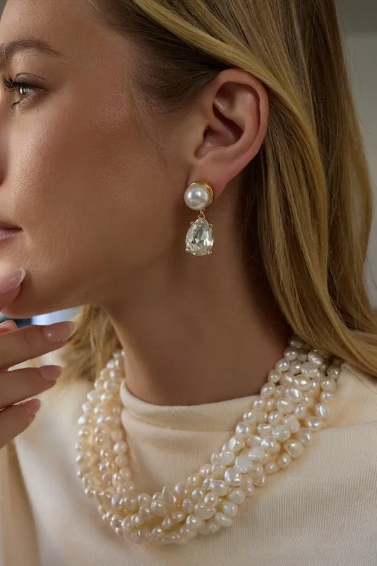 Kenneth Jay Lane Pearl Earrings Women Pearl and Clear Crystal Teardrop Pierced Earring