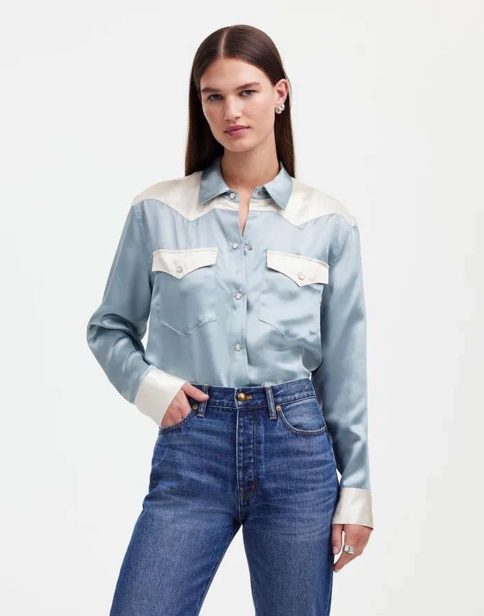 Madewell Alexa Chung For Madewell Satin Western Shirt Ivory Women Tops and Shirts Madewell Alexa Chung For Madewell Satin Western Shirt Ivory Women Tops and Shirts