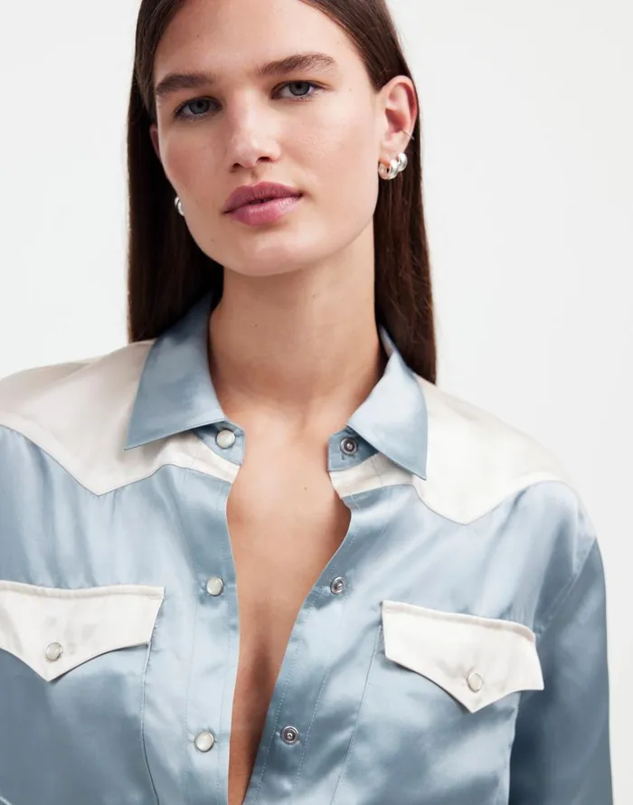 Madewell Alexa Chung For Madewell Satin Western Shirt Ivory Women Tops and Shirts