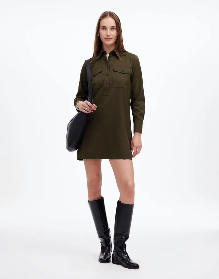 Madewell ButtonUp Mini Shirtdress Dark Olive Melange Women Dresses