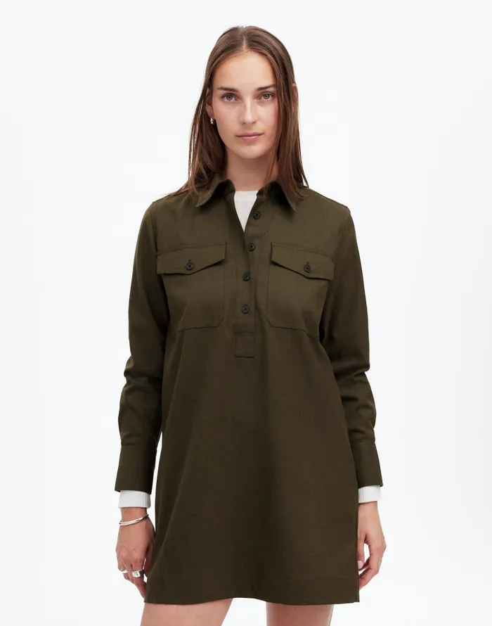 Madewell ButtonUp Mini Shirtdress Dark Olive Melange Women Dresses