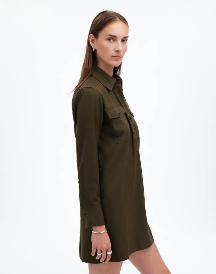 Madewell ButtonUp Mini Shirtdress Dark Olive Melange Women Dresses