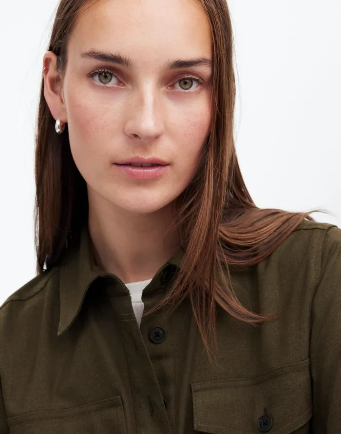 Madewell ButtonUp Mini Shirtdress Dark Olive Melange Women Dresses