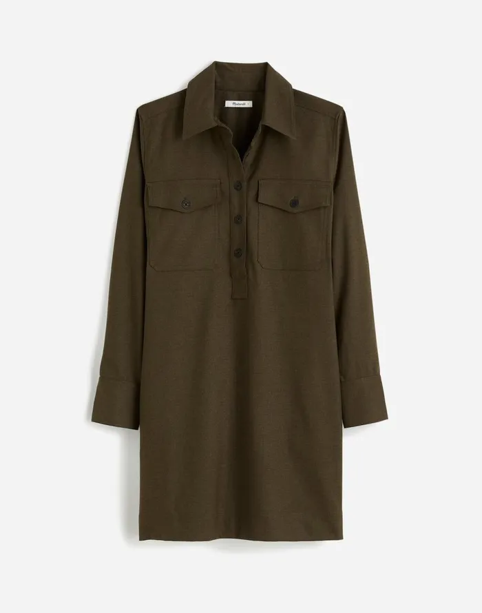 Madewell ButtonUp Mini Shirtdress Dark Olive Melange Women Dresses