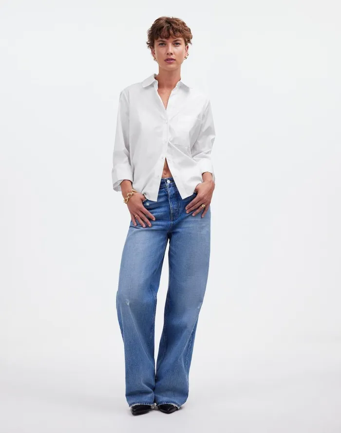Madewell Easy YNeck ButtonUp Shirt Eyelet White Women Tops and Shirts