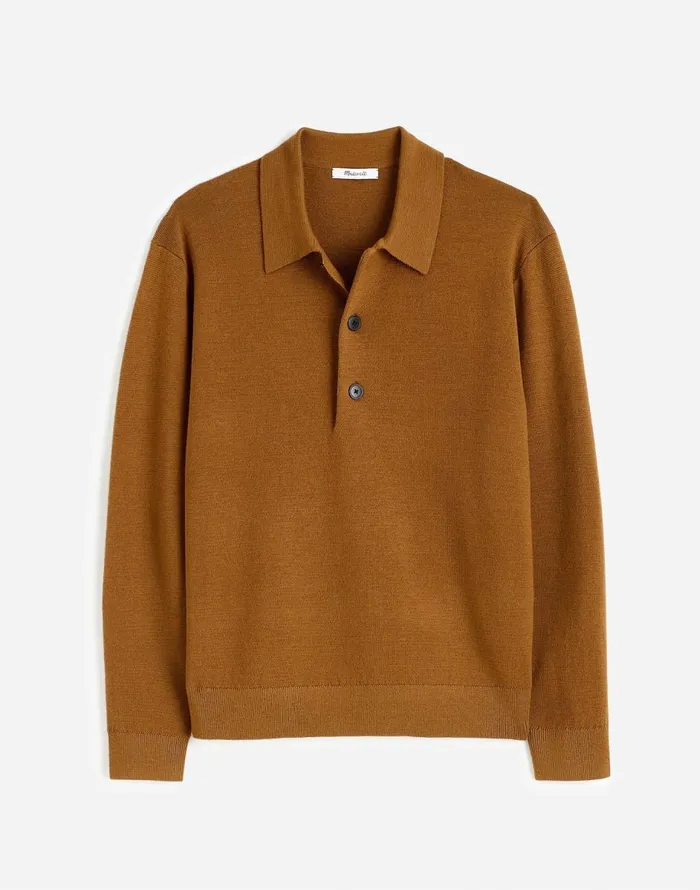 Madewell MilanoKnit Sweater Polo Shirt In Merino Wool Rich Camel Men Shirts