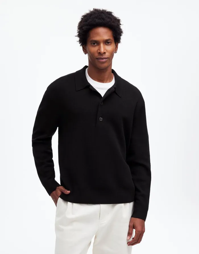 Madewell MilanoKnit Sweater Polo Shirt In Merino Wool True Black Men Shirts