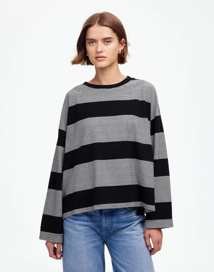 Madewell Oversized Crewneck LongSleeve Tee In Stripe Jet Black Women Tees