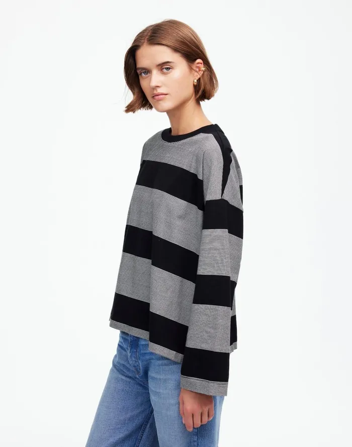 Madewell Oversized Crewneck LongSleeve Tee In Stripe Jet Black Women Tees