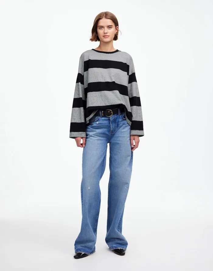 Madewell Oversized Crewneck LongSleeve Tee In Stripe Jet Black Women Tees