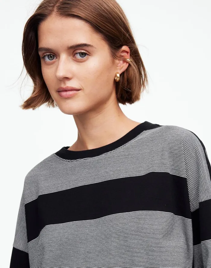 Madewell Oversized Crewneck LongSleeve Tee In Stripe Jet Black Women Tees