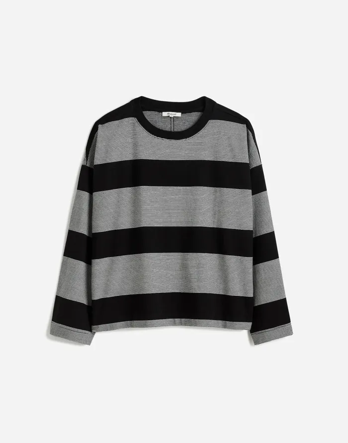 Madewell Oversized Crewneck LongSleeve Tee In Stripe Jet Black Women Tees