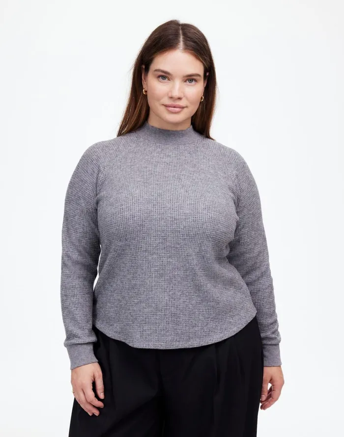 Madewell Plus WaffleKnit LongSleeve Crewneck Tee Hthr Charcoal Women Loungewear