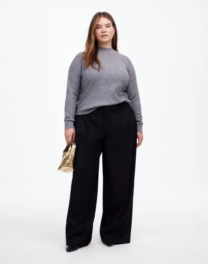 Madewell Plus WaffleKnit LongSleeve Crewneck Tee Hthr Charcoal Women Loungewear