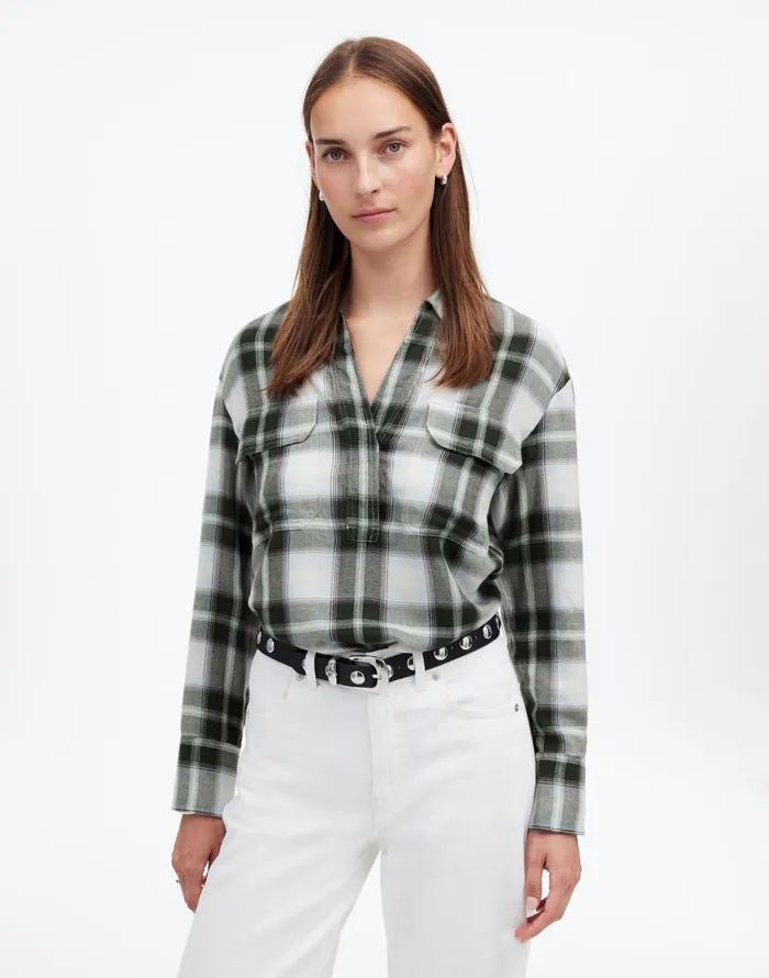 Madewell Popover Shirt In Plaid City Blue Women Tops and Shirts