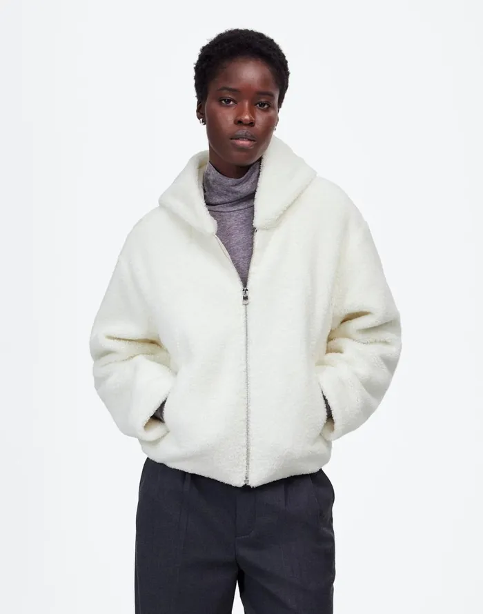 Madewell Sherpa ZipFront Bomber Jacket Winter White Women Coats Jackets