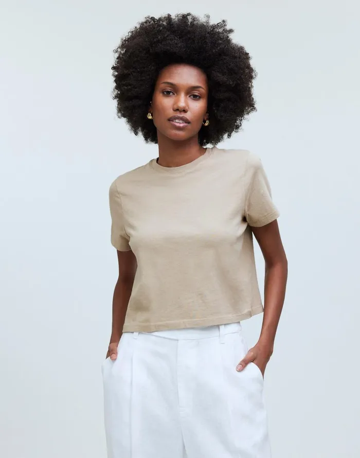 Madewell Softfade Cotton BoxyCrop Tee Drill Khaki Women Tees