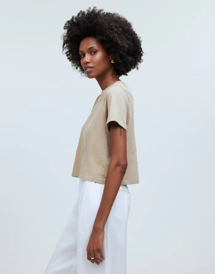 Madewell Softfade Cotton BoxyCrop Tee Drill Khaki Women Tees