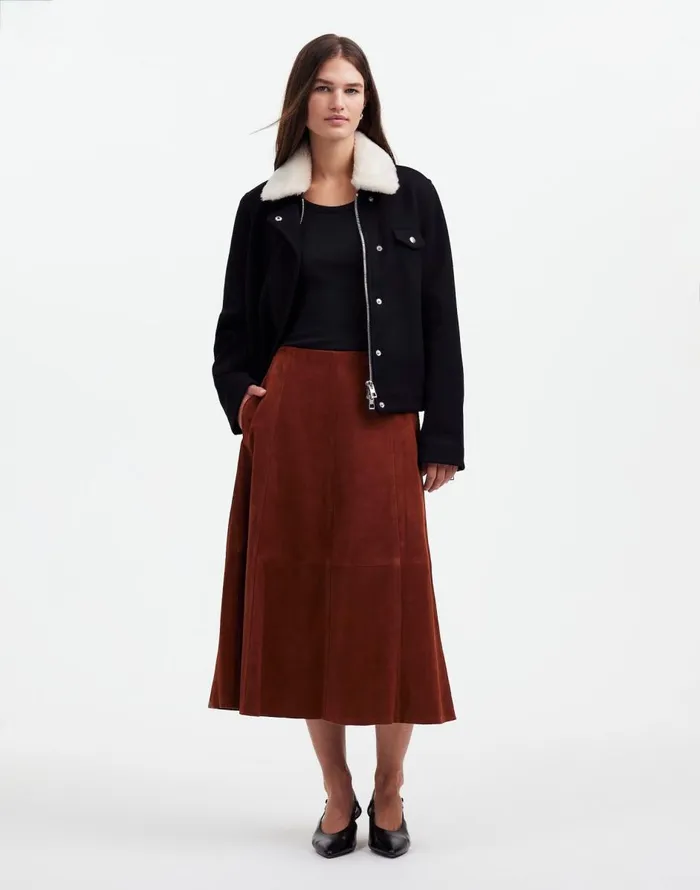 Madewell Suede Seamed Midi Skirt Soft Mahogany Women Skirts