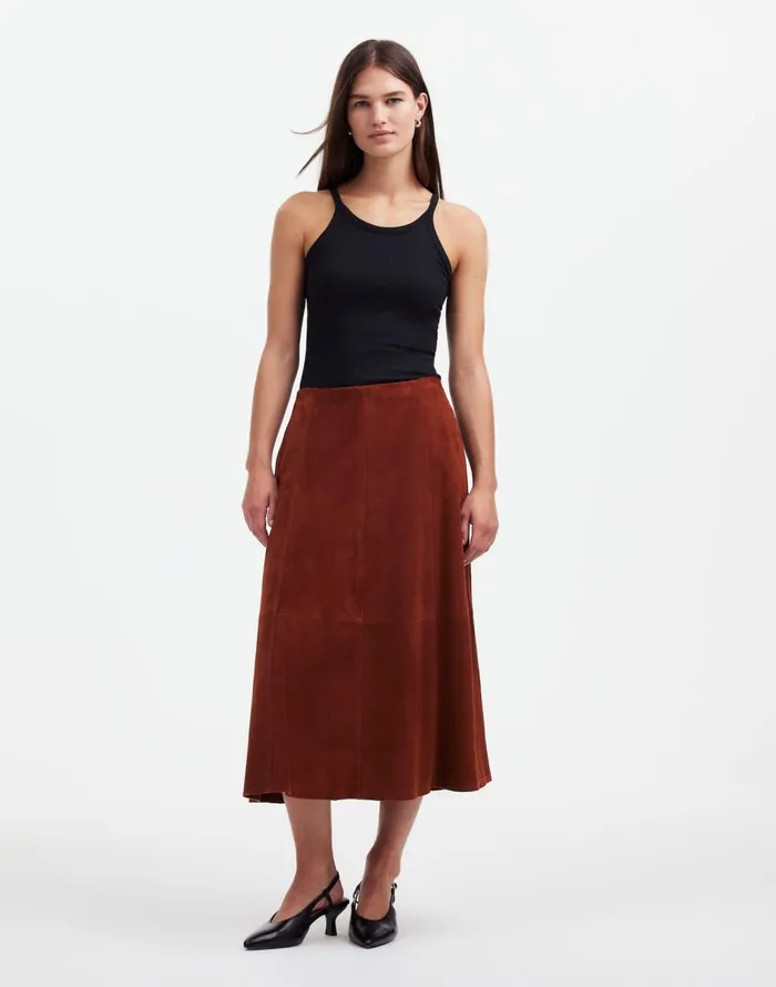 Madewell Suede Seamed Midi Skirt Soft Mahogany Women Skirts