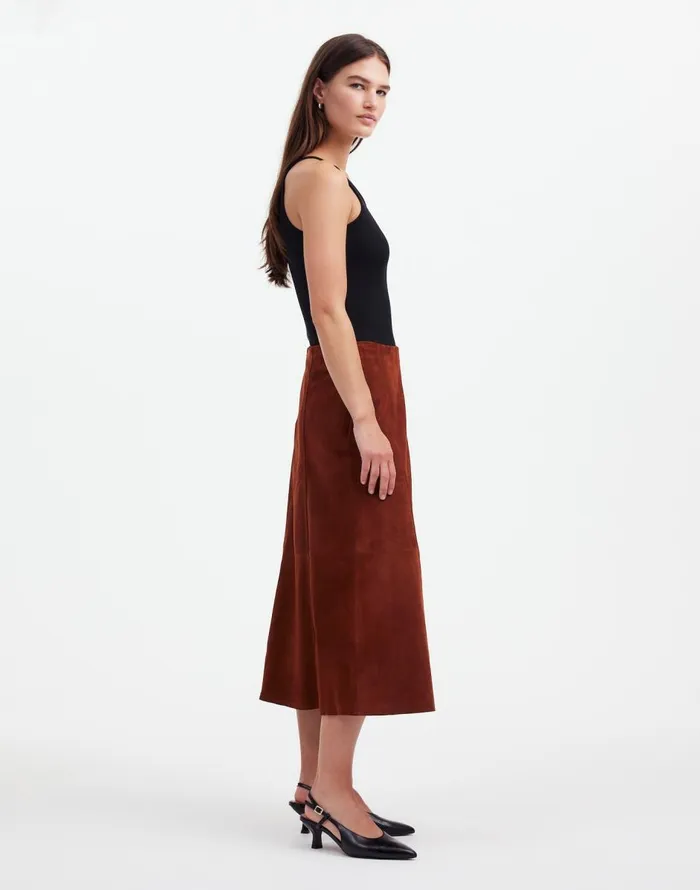 Madewell Suede Seamed Midi Skirt Soft Mahogany Women Skirts