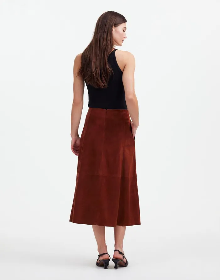 Madewell Suede Seamed Midi Skirt Soft Mahogany Women Skirts