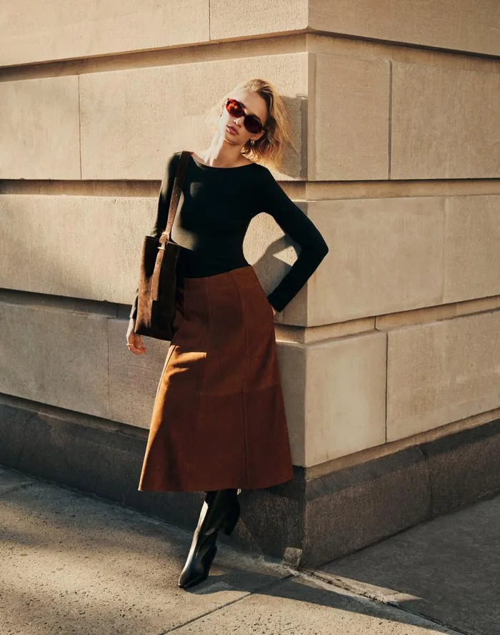 Madewell Suede Seamed Midi Skirt Soft Mahogany Women Skirts