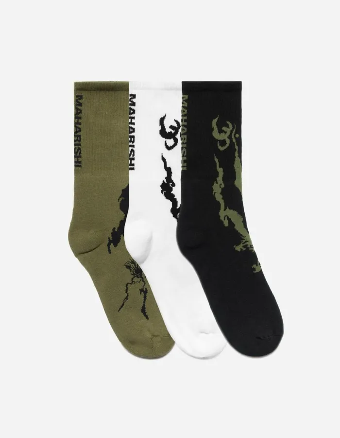 Maharishi Socks 1402 Bonsai Dragon Sports Socks 3 Pack OliveBlackWhite 8211 Men