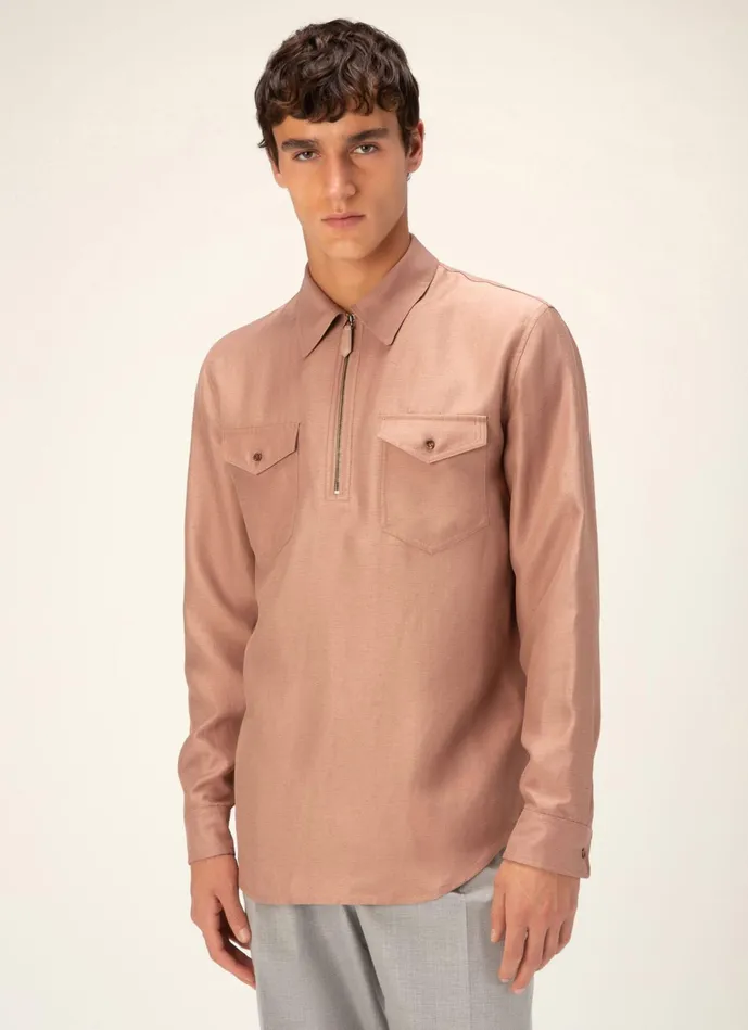 Men Bally Shirts And TShirts ZipUp Shirt 8211 Viscose and Linen Mix Shirt In Pink