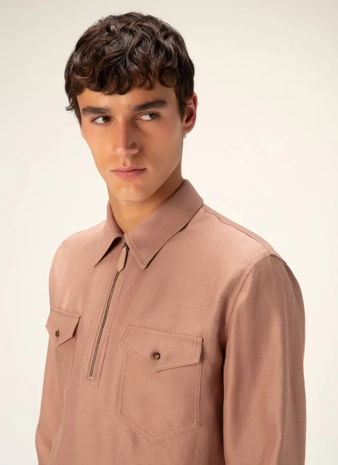 Men Bally Shirts And TShirts ZipUp Shirt 8211 Viscose and Linen Mix Shirt In Pink