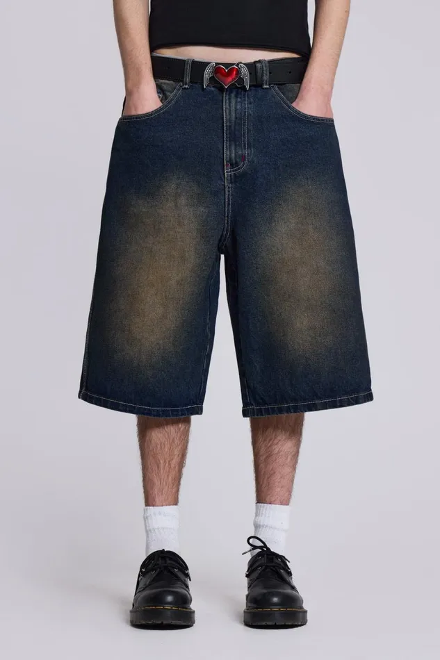 Men Dark Rinse Denim Shorts Jumbo Fit Jaded London Shorts and Jorts