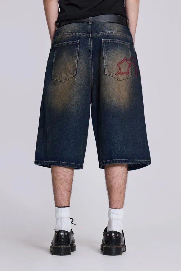 Men Dark Rinse Denim Shorts Jumbo Fit Jaded London Shorts and Jorts