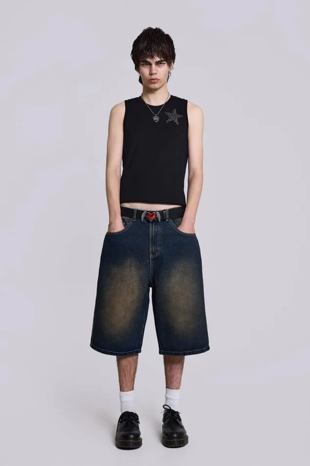 Men Dark Rinse Denim Shorts Jumbo Fit Jaded London Shorts and Jorts