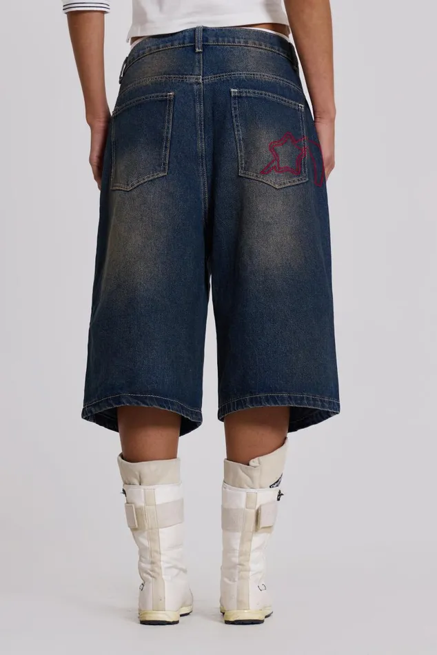 Men Dark Rinse Denim Shorts Jumbo Fit Jaded London Shorts and Jorts