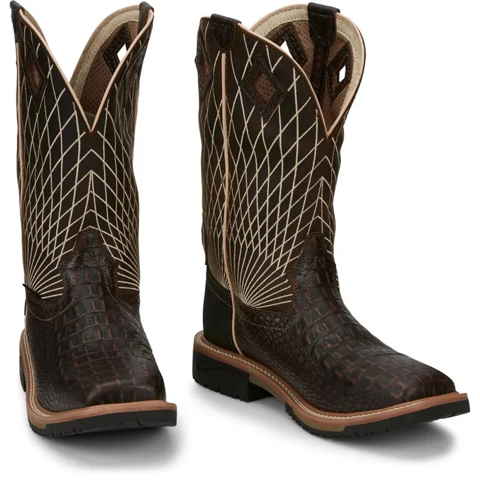 MEN Derrickman 12034 Comp Toe Brown Croc Print Justin Boots Work