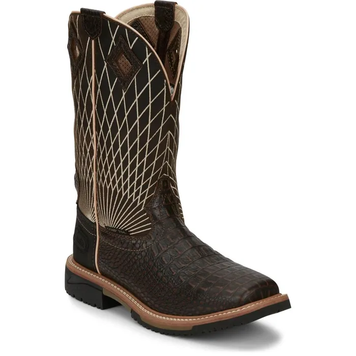 MEN Derrickman 12034 Comp Toe Brown Croc Print Justin Boots Work