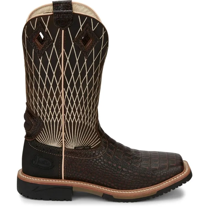MEN Derrickman 12034 Comp Toe Brown Croc Print Justin Boots Work
