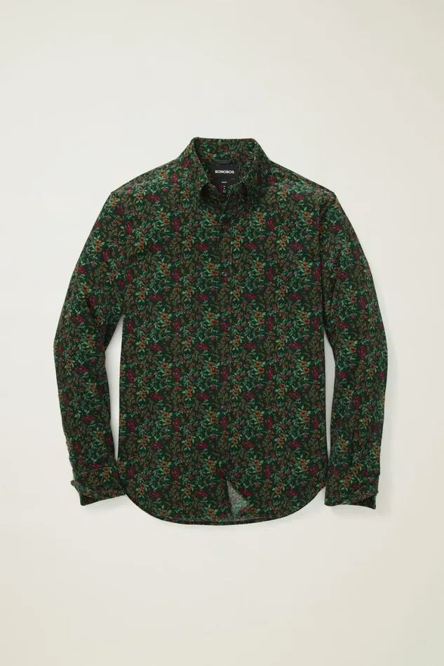Men Everyday Corduroy Shirt Green Holly Floral Bonobos Casual Shirts