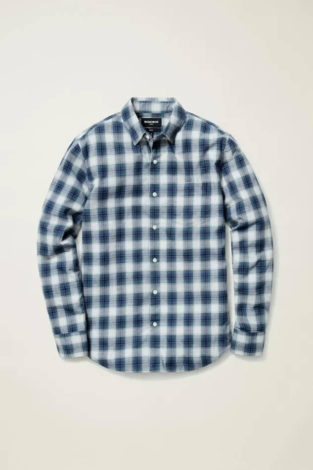 Men Everyday Lightweight Flannel Shirt Light Navy Plaid Bonobos Casual Shirts