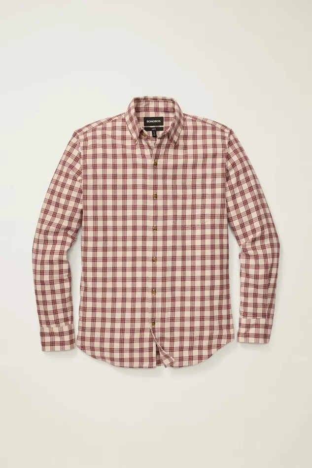 Men Everyday Lightweight Flannel Shirt Red Cream Plaid Bonobos Casual Shirts