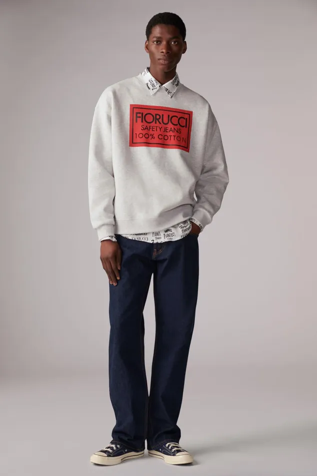 Men Fiorucci Sweatshirts and Hoodies Safety Jeans Logo Sweatshirt Grey