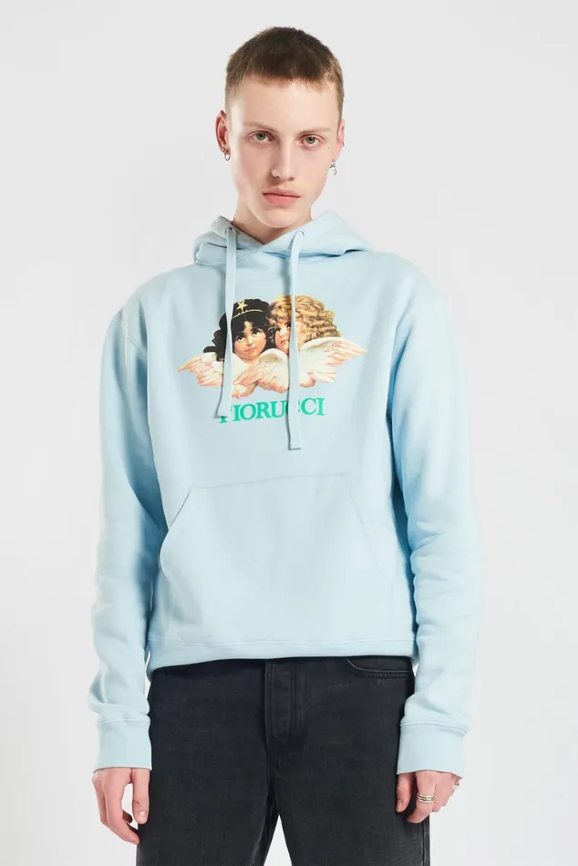 Men Fiorucci Sweatshirts and Hoodies Vintage Angels Hoodie Pale Blue